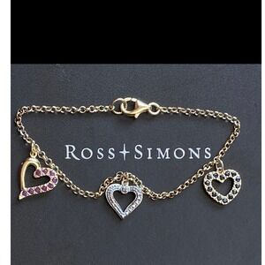 Ross-Simons 18kt Gold Over Silver Ruby Sapphire Diamond Heart Charm Bracelet